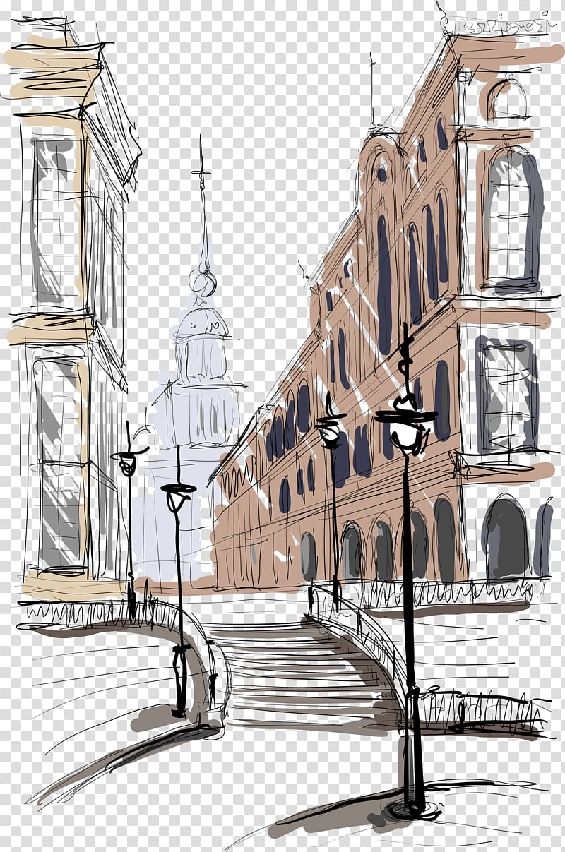 building and post lamp sketch, Painting Architecture Drawing Building, Color Ink town transparent background PNG clipart