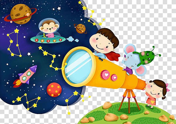 the child sees the planet with a telescope transparent background PNG clipart