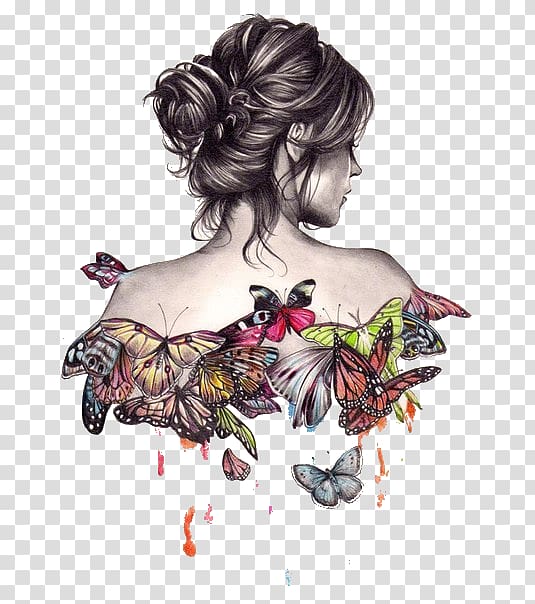 woman and butterfly illustration, Drawing Art Painting Sketch, painting transparent background PNG clipart