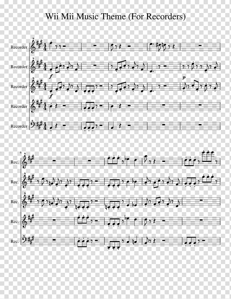 Sheet Music Mii Channel Flute quartet, sheet music transparent background PNG clipart