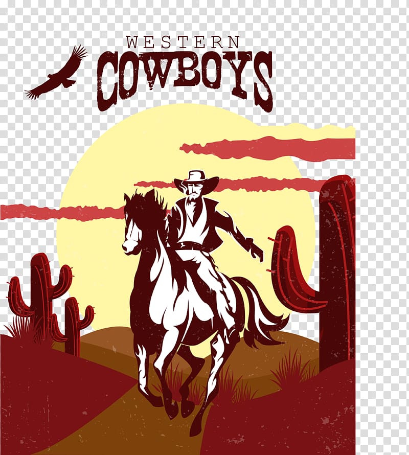 Western Cowboys poster, Cowboy Western American frontier Illustration, Horseback riding in the desert transparent background PNG clipart