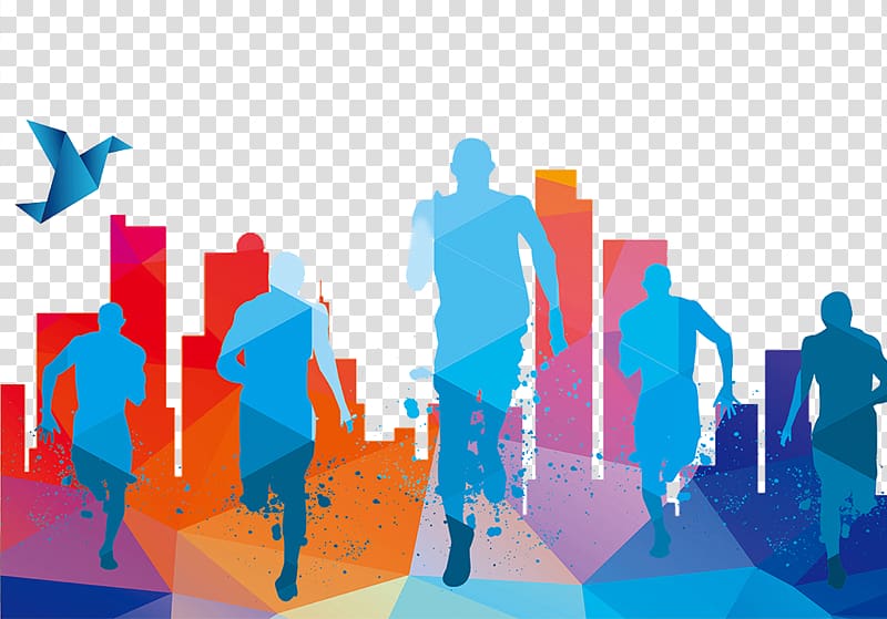 multicolored skyscrapers with five person running illustration, Running Poster Graphic design Illustration, Run in the city transparent background PNG clipart