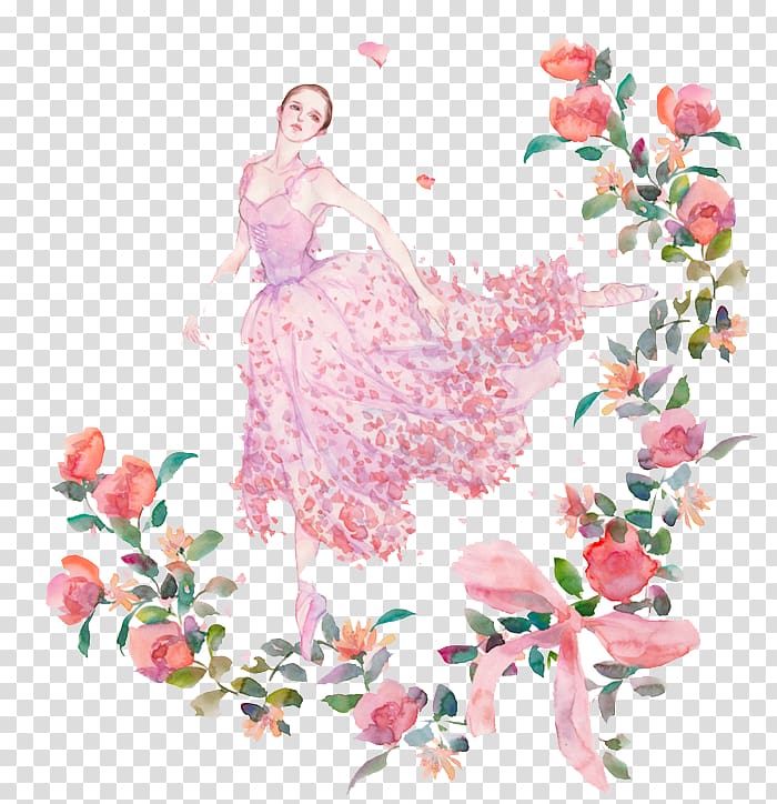 woman wearing pink dress , Pink watercolor flower girl transparent background PNG clipart