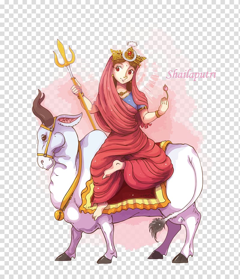 woman holding trident while riding on horned animal animated illustration, Parvati Navadurga Navaratri Shailaputri, Agni transparent background PNG clipart