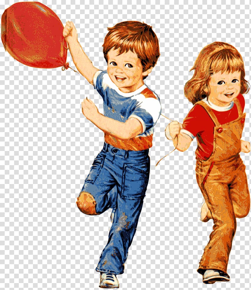 girl and boy pulling red balloon illustration, Children Playing With Balloon transparent background PNG clipart