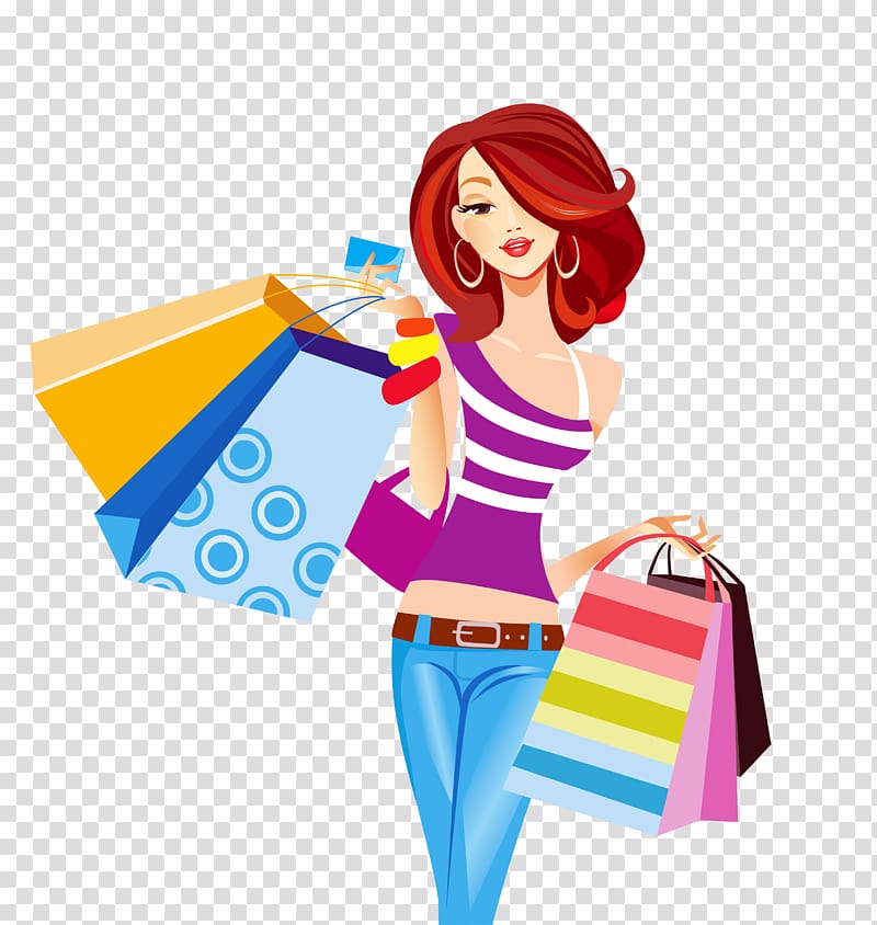 woman holding shopping bags illustration, Shopping bag Shopping cart, Girl carrying shopping bags element transparent background PNG clipart