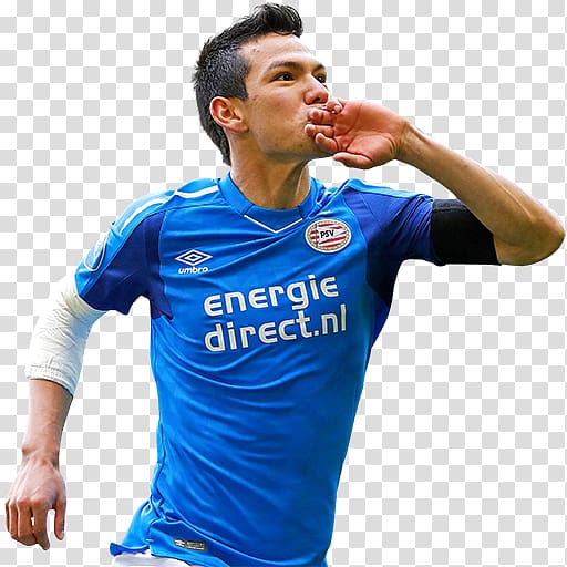 man wearing blue and white Umbro Energie Direct soccer jersey shirt, Hirving Lozano FIFA 18 PSV Eindhoven 2017–18 Eredivisie FIFA 16, Hirving Lozano transparent background PNG clipart