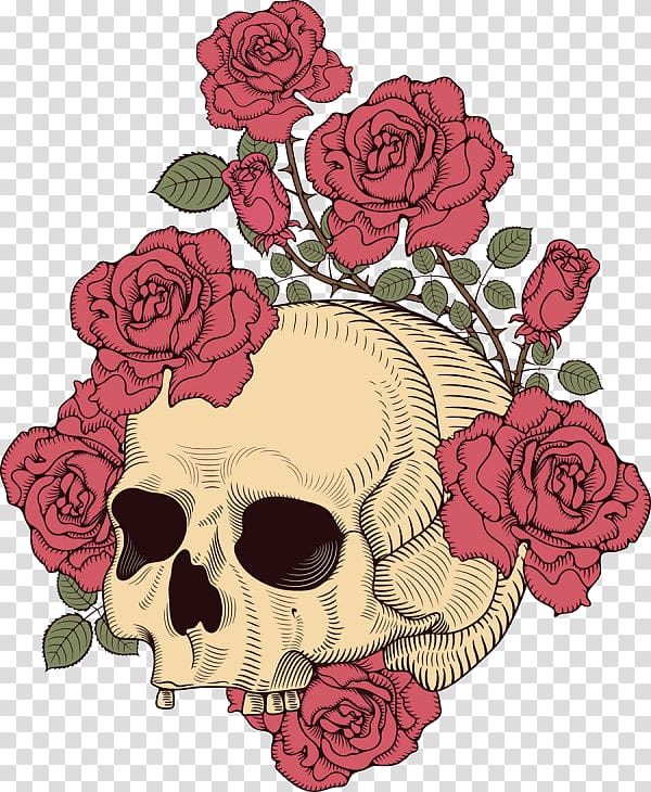 brown skull and red rose illustration, T-shirt Human skull symbolism Rose Illustration, Skull and crossbones design transparent background PNG clipart