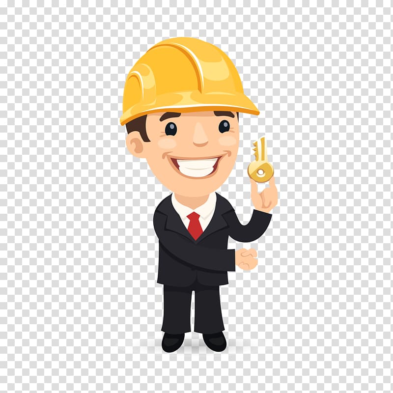 man wearing one piece suit holding key illustration, Engineer Icon, The man with the safety helmet and the key transparent background PNG clipart