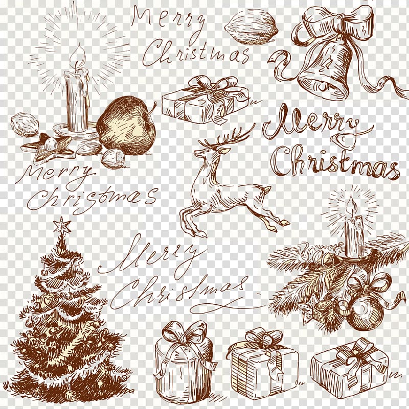 Merry Christmas illustration, Christmas tree Christmas card Illustration, Sketch Christmas decoration elements transparent background PNG clipart
