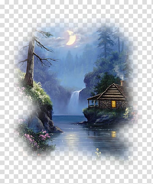 Painting Moonlight Over the Lake Log cabin, painting transparent background PNG clipart