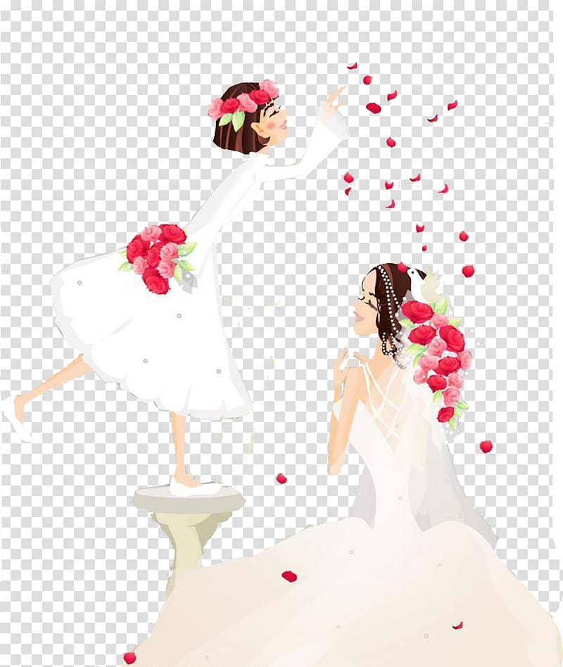 girl pouring flowers on bride , Bridesmaid Wedding Illustration, Bride and bridesmaid transparent background PNG clipart