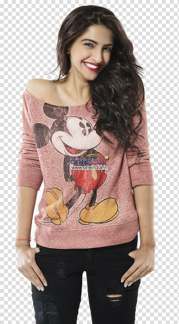 woman wearing red Mickey Mouse printed sweatshirt and black denim jeans, Sonam Kapoor Khoobsurat Actor Film Bollywood, bollywood transparent background PNG clipart