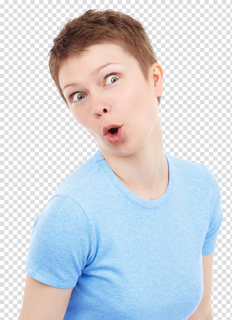 woman wearing blue crew-neck shirt illustration, Surprise Woman Humour, Funny Portrait of Cute Surprised Woman transparent background PNG clipart