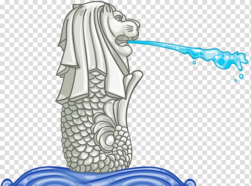 white lion with water illustration, Merlion Park Drawing, SINGAPORE transparent background PNG clipart