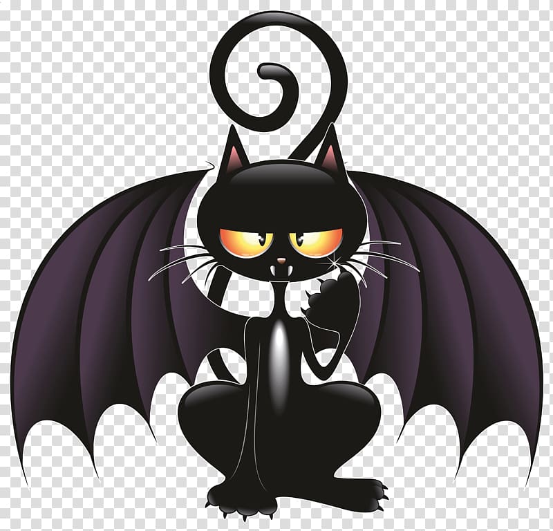 black cat with wings illustration, Cat Bat Kitten Cartoon, Witch Cat transparent background PNG clipart