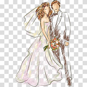 Wedded Couple Illustration Wedding Invitation Cartoon Drawing