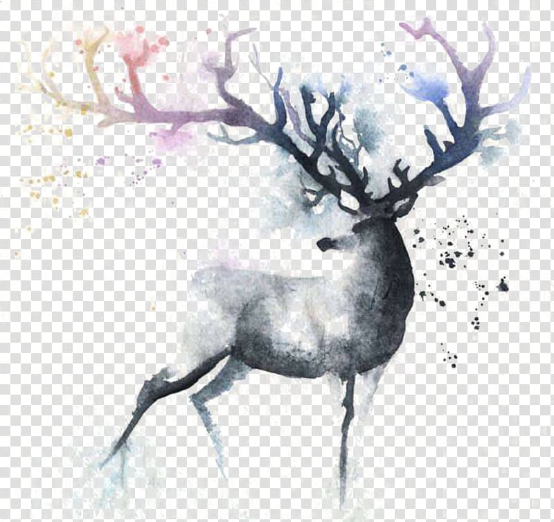 reindeer painting, Deer Watercolor painting Out of the Cot Art, Ink deer transparent background PNG clipart