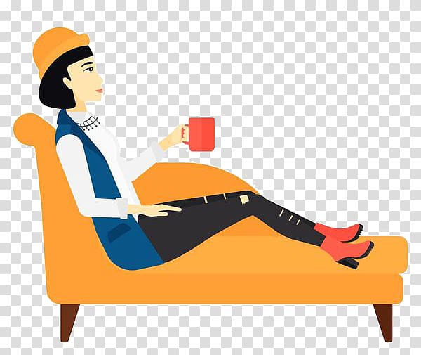 White tea Cup Illustration, A woman who drinks tea on the sofa transparent background PNG clipart