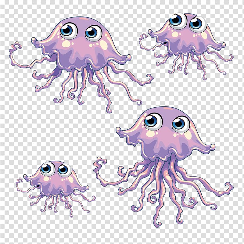 four purple jellyfishes illustration, Jellyfish Cartoon Illustration, (4) cartoon big eyes material jellyfish transparent background PNG clipart