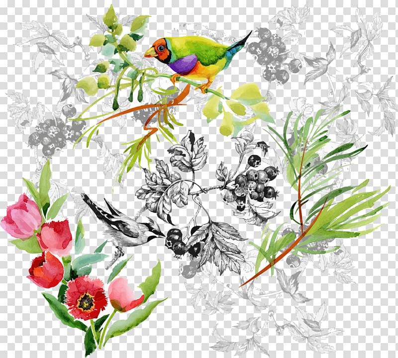 Floral design Watercolor painting Drawing Illustration, cartoon bird transparent background PNG clipart