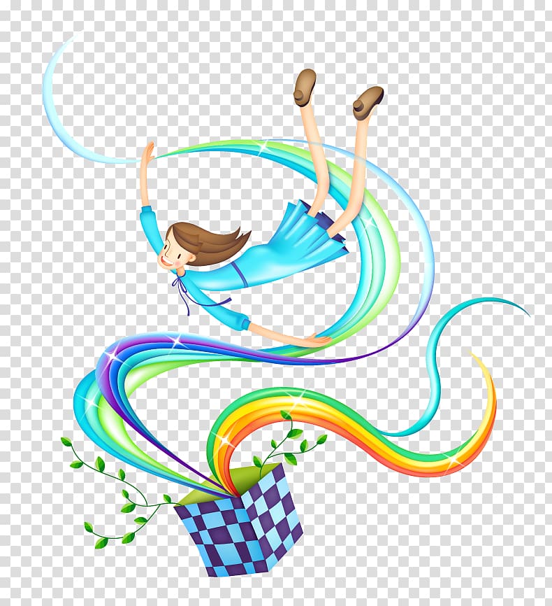 Magic Cartoon Illustration, Magic box rainbow girl flying transparent background PNG clipart