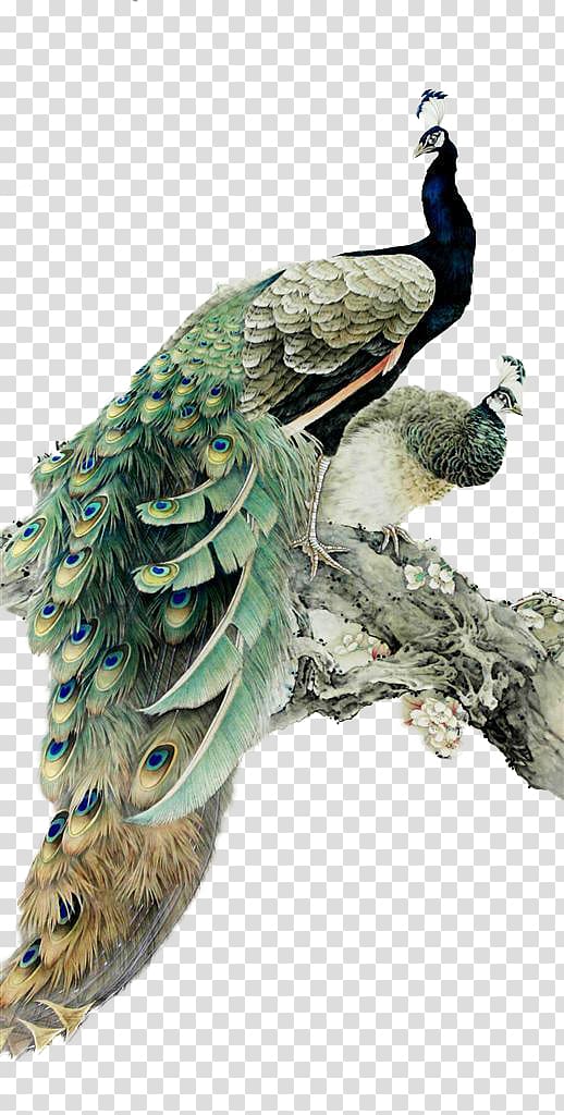 black and green peacock, Landscape painting Chinese painting Watercolor painting Peafowl, Hand-painted peacock transparent background PNG clipart