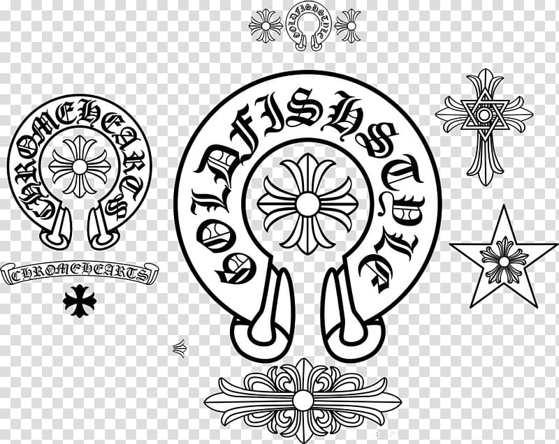 Star, scroll, and cross ornate s, Chrome Hearts Black and white, Black