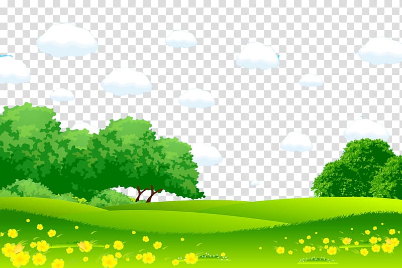 green trees under blue clouds illustration, Cartoon Landscape painting Illustration, Green grass white grassland Mongolian grassland transparent background PNG clipart