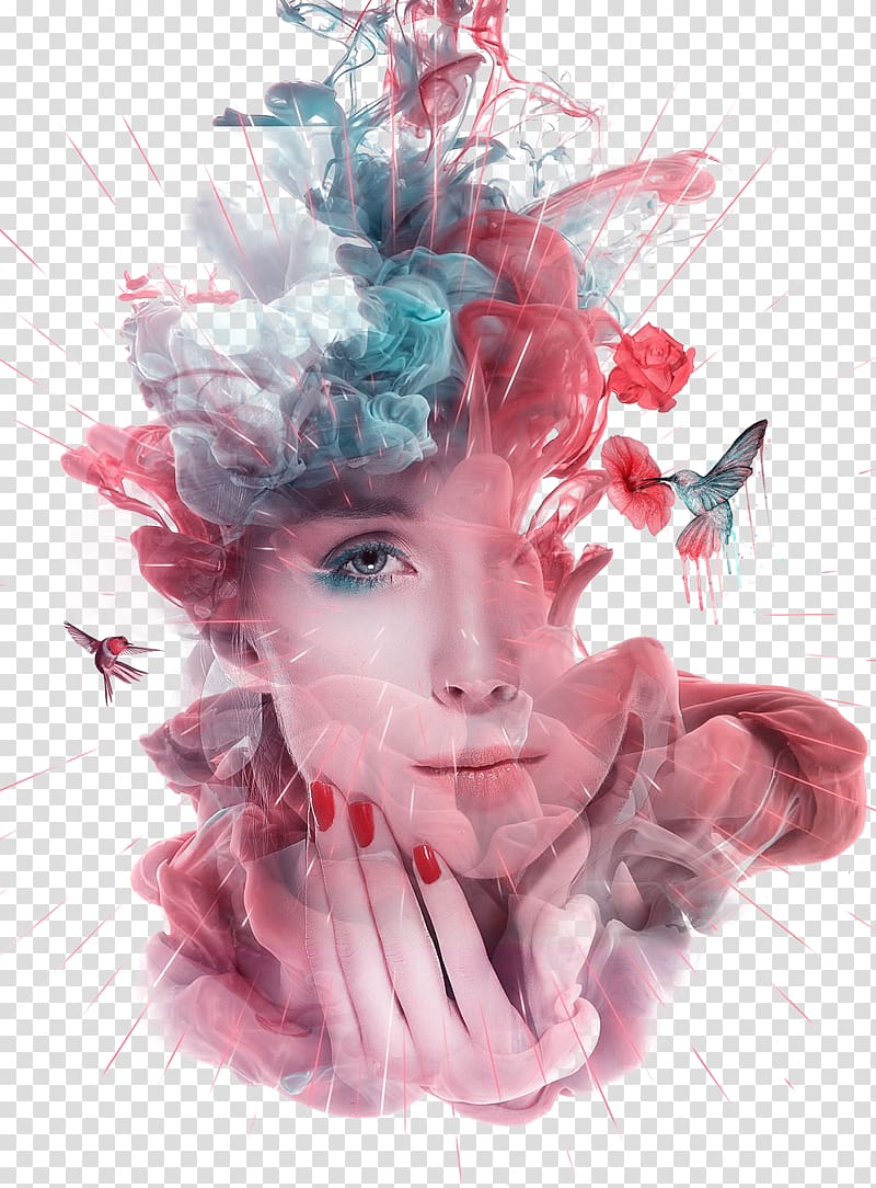 woman's portrait art illustration, Multiple exposure Art Illustration, Colored smoke transparent background PNG clipart