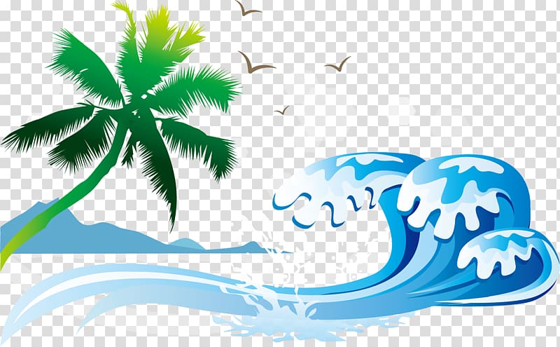 seawaves near tree with bird background illustration, Sea Euclidean Wind wave Illustration, Coconut tree cartoon transparent background PNG clipart