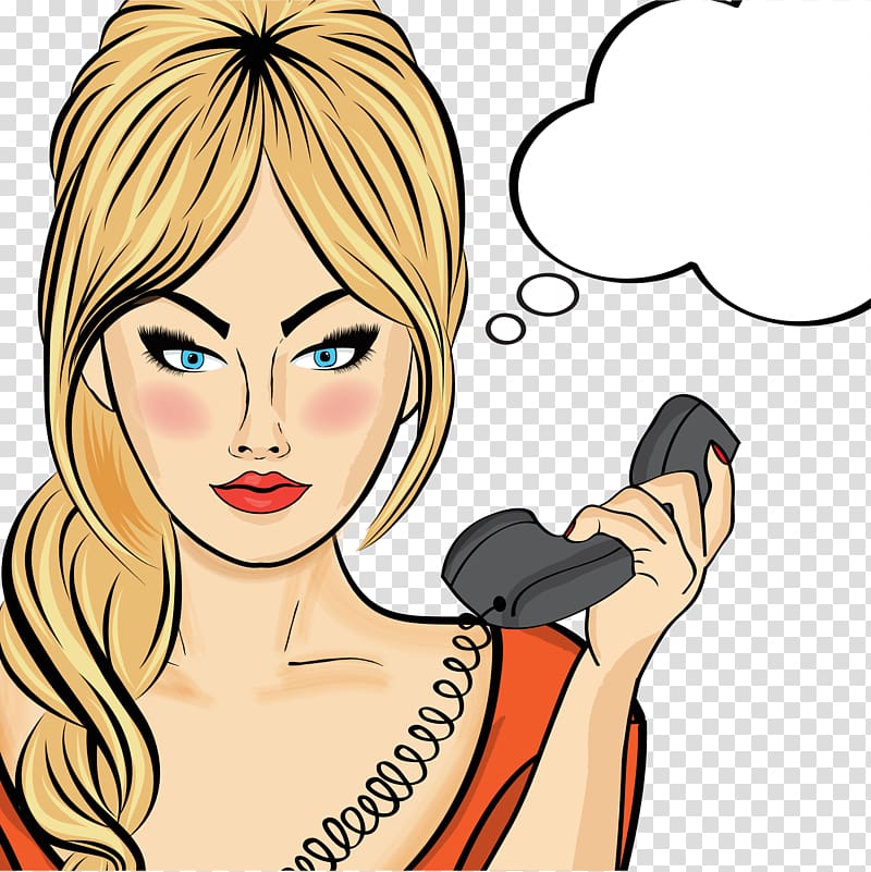 blonde-haired woman holding telephone handset illustration, Pop art Mobile Phones Illustration, hand painted cartoon woman transparent background PNG clipart