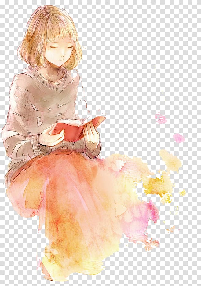 woman reading book illustration, Anime, Watercolor Girl transparent background PNG clipart
