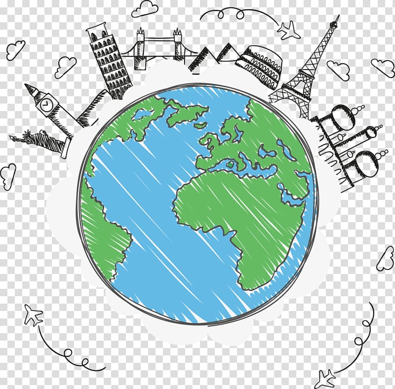 planet earth illustration, Earth Drawing Travel, Landmarks transparent background PNG clipart