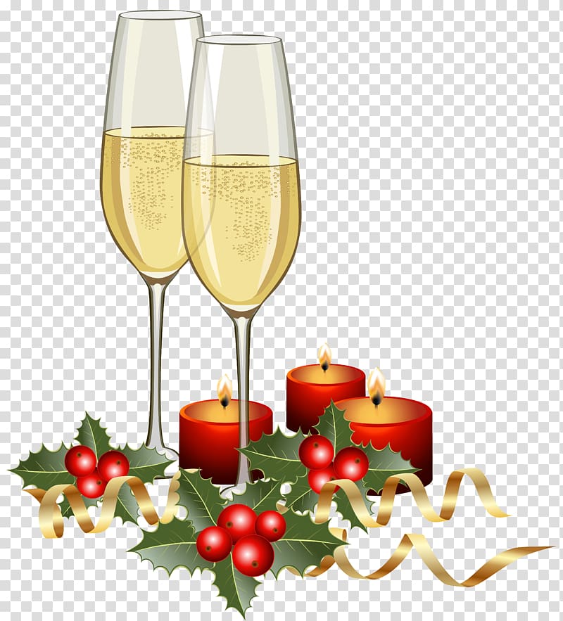 two champagne glasses illustration, Champagne Christmas , Christmas Champagne and Candles transparent background PNG clipart