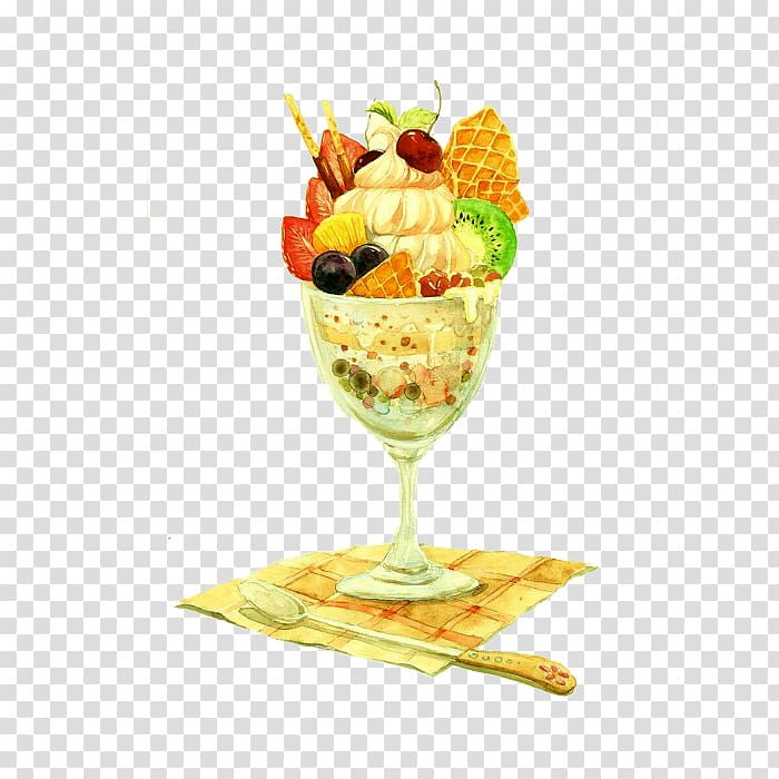 Ice cream cone Parfait Sundae Watercolor painting, Hand drawn tasty fruit ice cream transparent background PNG clipart