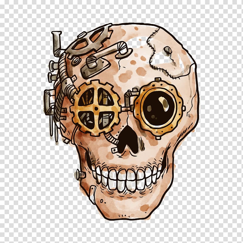 brown skull illustration, Steampunk Industrial Revolution Skull Gear, Steampunk metal skeleton material transparent background PNG clipart