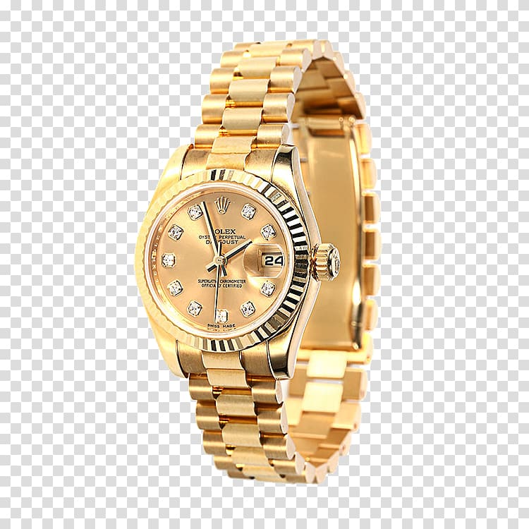round gold-colored Rolex analog watch with link band, Rolex Mechanical watch Clock, Gold watches Rolex watches male table transparent background PNG clipart