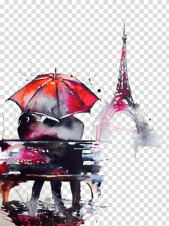 man and woman using umbrella sitting on bench, Paris Watercolor painting Oil painting Illustration, Drawing Couple transparent background PNG clipart