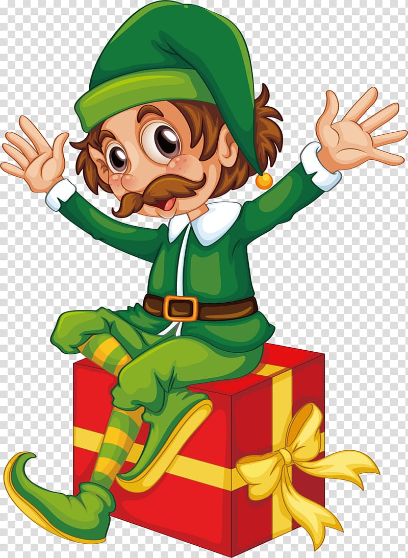 Christmas elf Santa Claus Duende, The clown sitting on the gift box transparent background PNG clipart