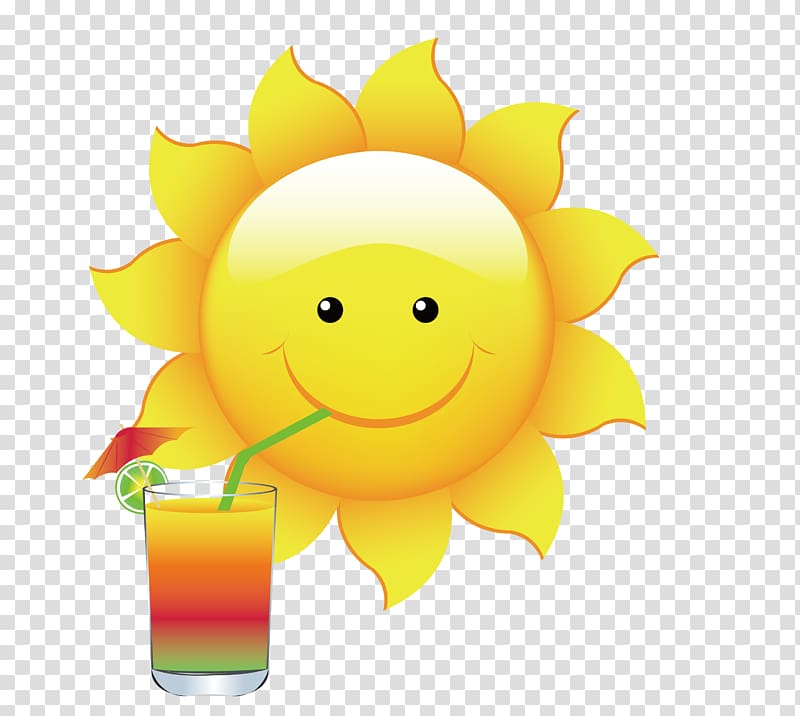 smiling sun drinking beverage in glass illustration, Cloud Cartoon , Summer sun design material transparent background PNG clipart