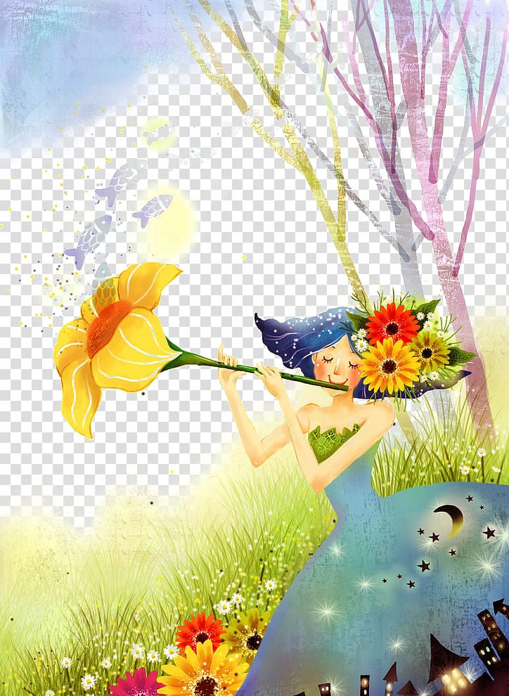 woman playing flower flute painting, Angel Symbol Fairy, Trumpet is the girl transparent background PNG clipart