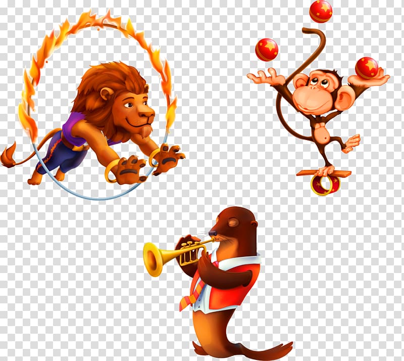 three assorted animal , Juggling Circus Monkey , circus animals lion monkey sea lions transparent background PNG clipart