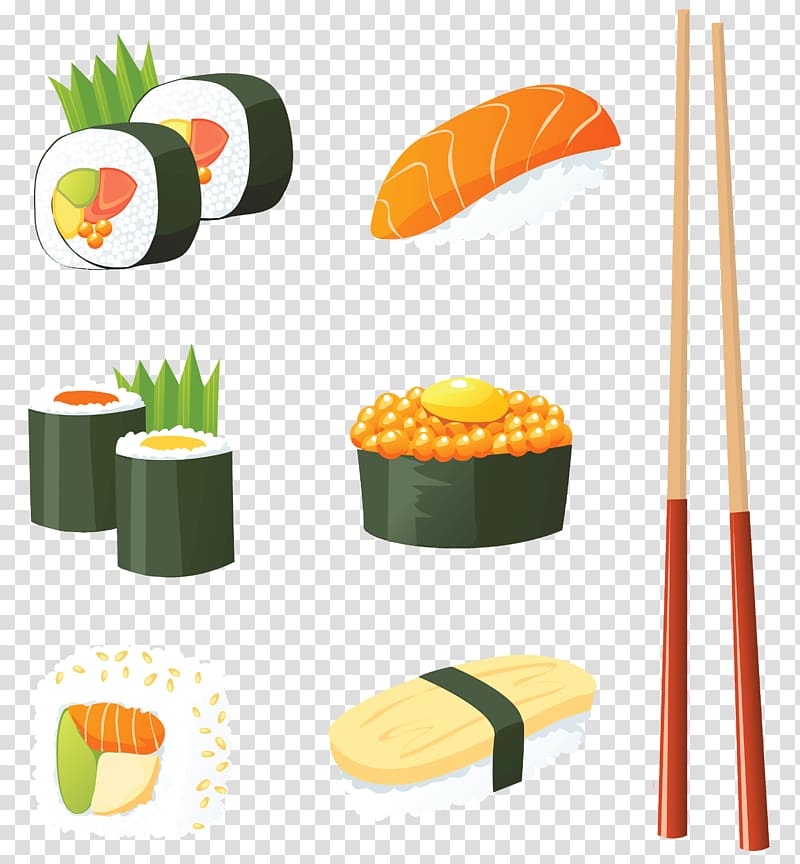 assorted sushi illustration, Sushi Japanese Cuisine Seafood , Japanese Sushi transparent background PNG clipart