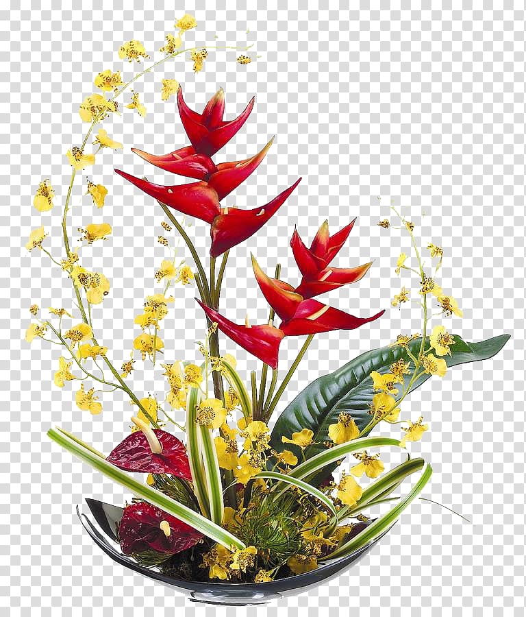 red and yellow flower arrangement, Artificial flower Ikebana Floral design Floristry, flower transparent background PNG clipart
