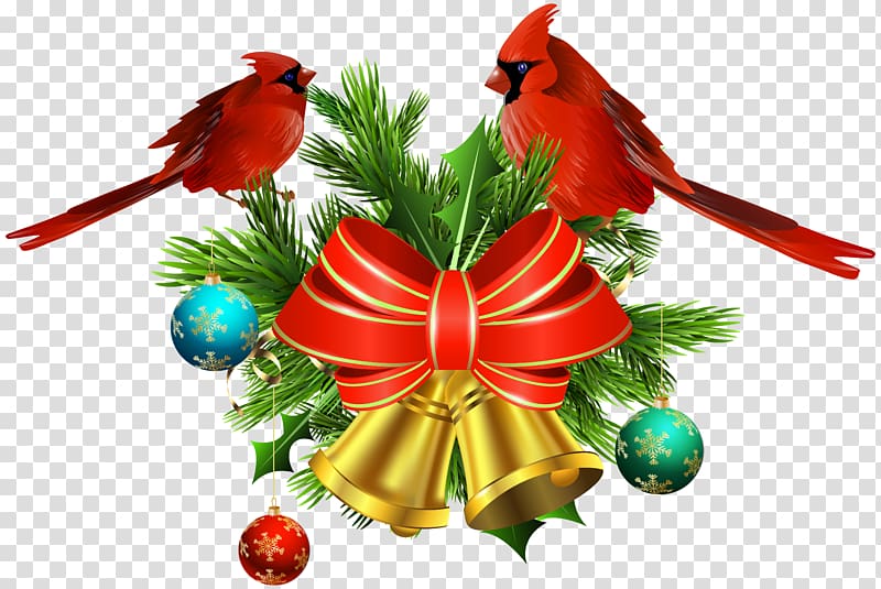 two red sparrow birds perched on Christmas decor illustration, Christmas ornament Christmas decoration Tree , Christmas Bells and Birds Decor transparent background PNG clipart