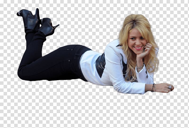 woman in white long-sleeved top and black pants lying on ground, Shakira Lying Down transparent background PNG clipart