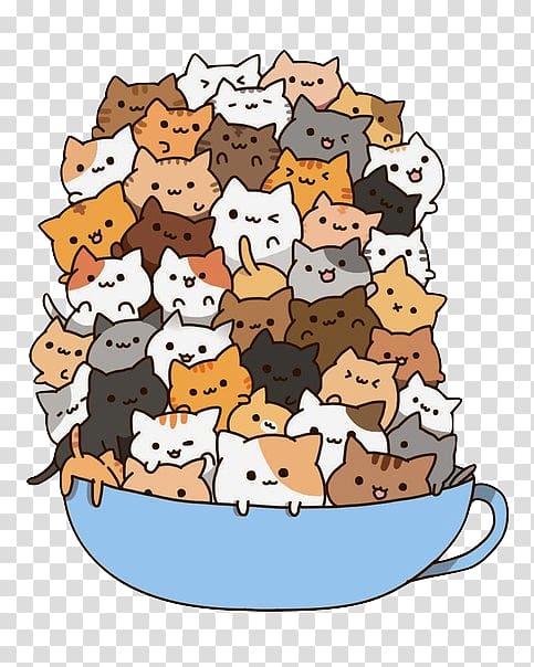 assorted-color kittens on cup animated illustration, Persian cat Kitten Cuteness Kavaii Drawing, Cup of coffee cat transparent background PNG clipart