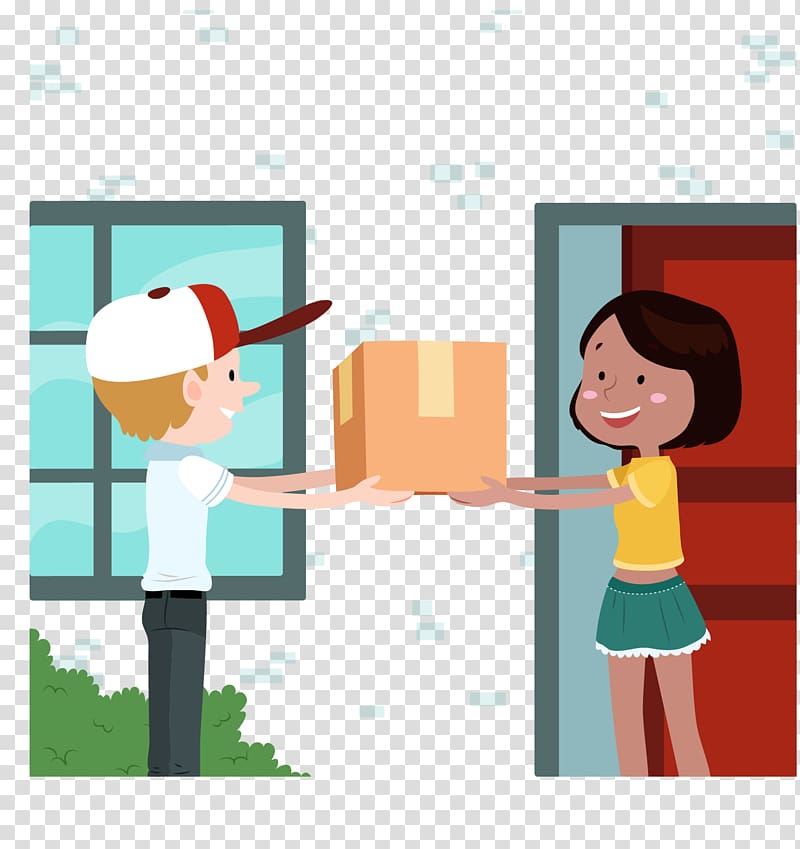 man giving a box to a woman animated illustration, Delivery Courier Logistics Business Freight transport, delivery by hand transparent background PNG clipart