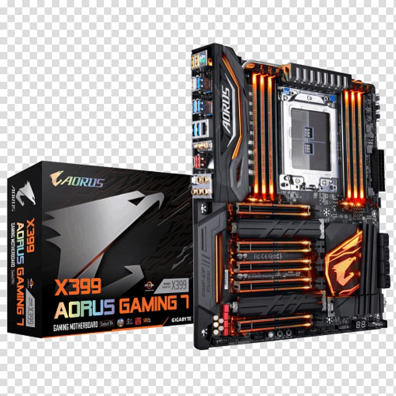 Gigabyte X399 AORUS Gaming 7, 1.0, motherboard, ATX, Socket TR4, AMD X399, Socket TR4 Gigabyte Technology X399 AORUS GAMING 7Gigabyte X399 AORUS GAMING 7 ATX Motherboard, others transparent background PNG clipart